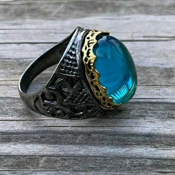 Men Rings Fashion Blue Stone Gunmetal/Gold Tone Men Jewelry Rings Size 9 - Picture 8 of 11